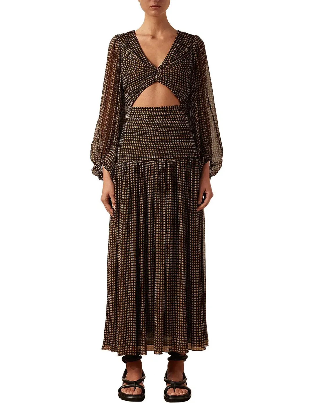 Shona Joy Sofia Ruched Cut Out Midi Dress Print Size 10 for rent on The Volte - main image