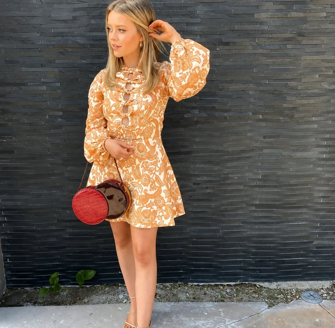 Zimmermann Peggy Scallop Short Dress Orange Paisley Size 2/ 10-12  for rent on The Volte - main image