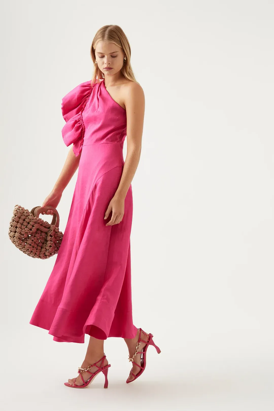 Aje Bonjour Asymmetric Midi Dress Pink Size 8 for rent on The Volte - main image