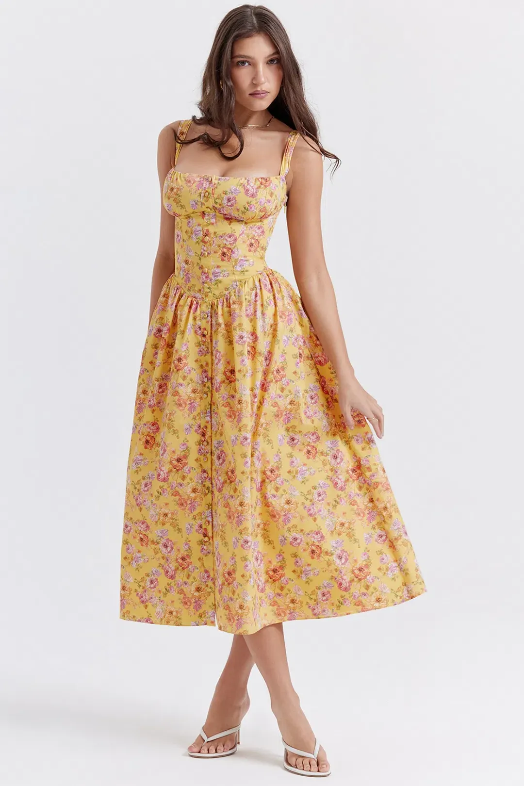 House of CB Tatiana Midi Dress Yellow Floral Size L / AU 12 for rent on The Volte - main image