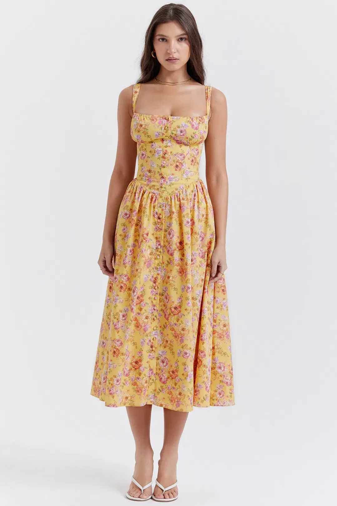 House of CB Tatiana Midi Dress Yellow Floral Size L / AU 12 for rent on The Volte - main image