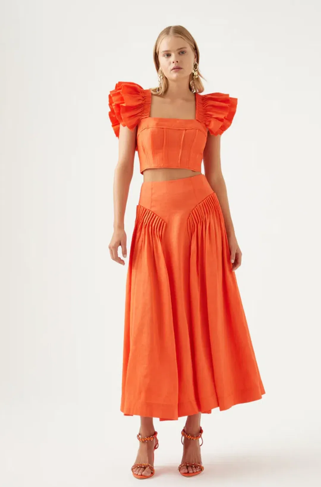 Aje Imagination Frill Top & Yves Midi Skirt in Orange Size 10 for rent on The Volte - main image