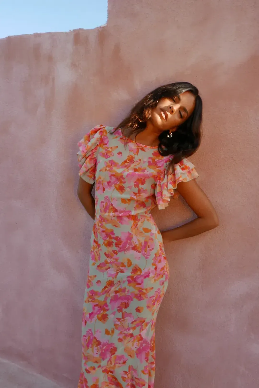De La Vali Bougainvillea Maxi Dress Chiffon Sage Floral Size 6 for rent on The Volte - main image