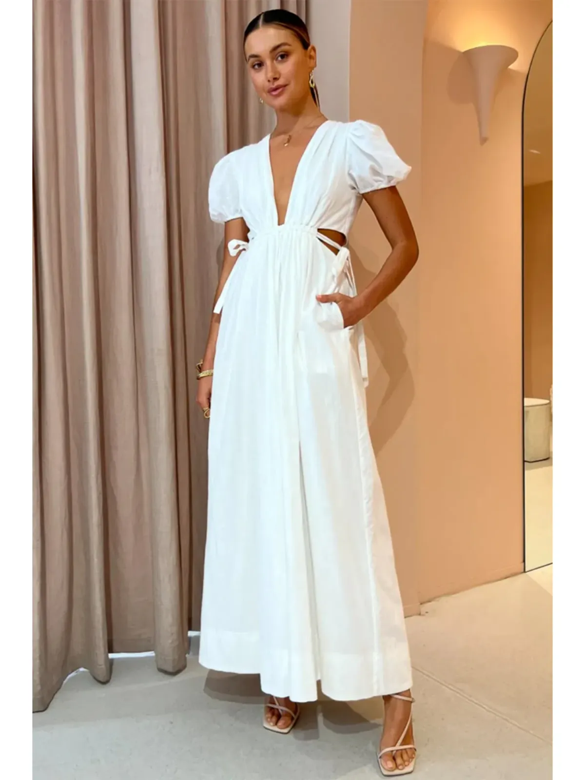 By Nicola Ahoy Plunge Neckline Maxi Dress in White AU 14 for rent on The Volte - main image