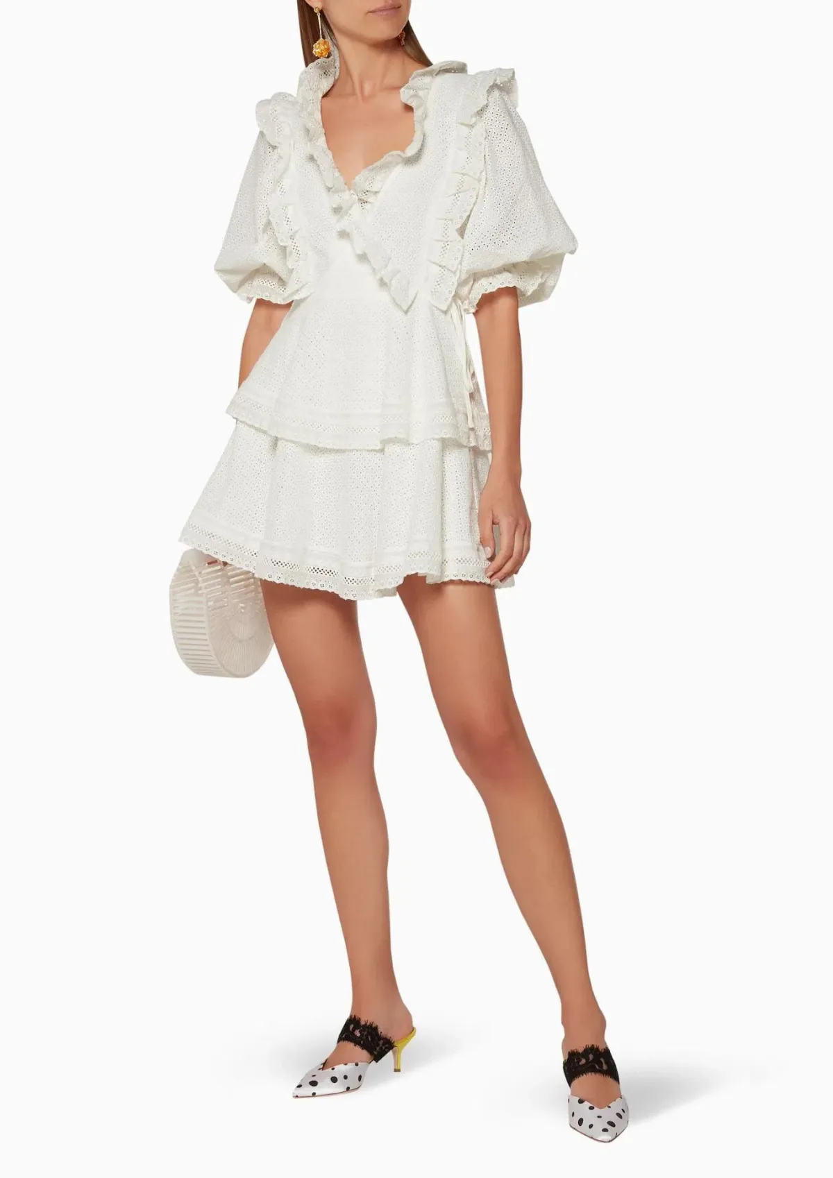 Shona Joy Ackley Broderie Frill Puff Sleeve Mini Dress White Size 12 for rent on The Volte - main image
