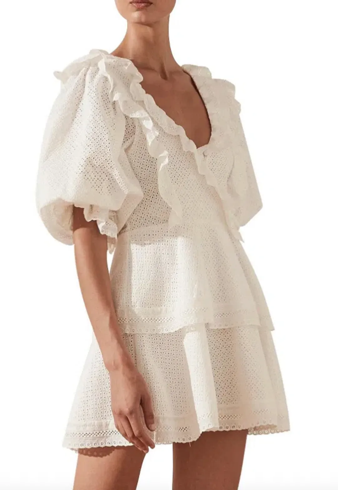Shona Joy Ackley Broderie Frill Puff Sleeve Mini Dress White Size 12 for rent on The Volte - main image