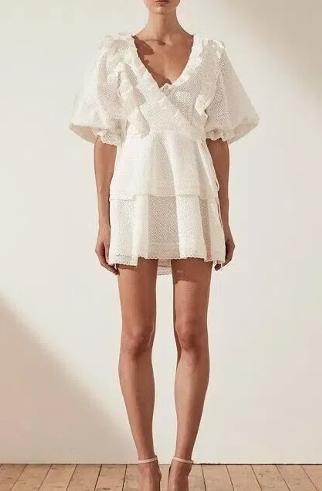 Shona Joy Ackley Broderie Frill Puff Sleeve Mini Dress White Size 12 for rent on The Volte - main image