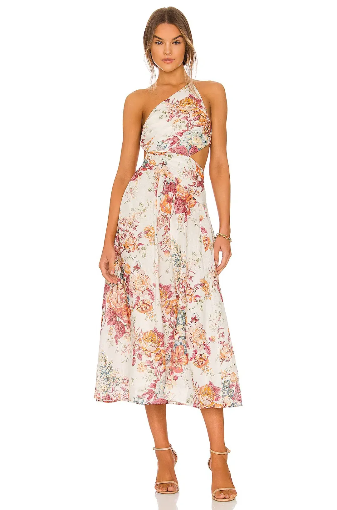 Zimmermann Pattie Cutout Open Back Linen Midi Dress in Cream Floral Size 0 for rent on The Volte - main image
