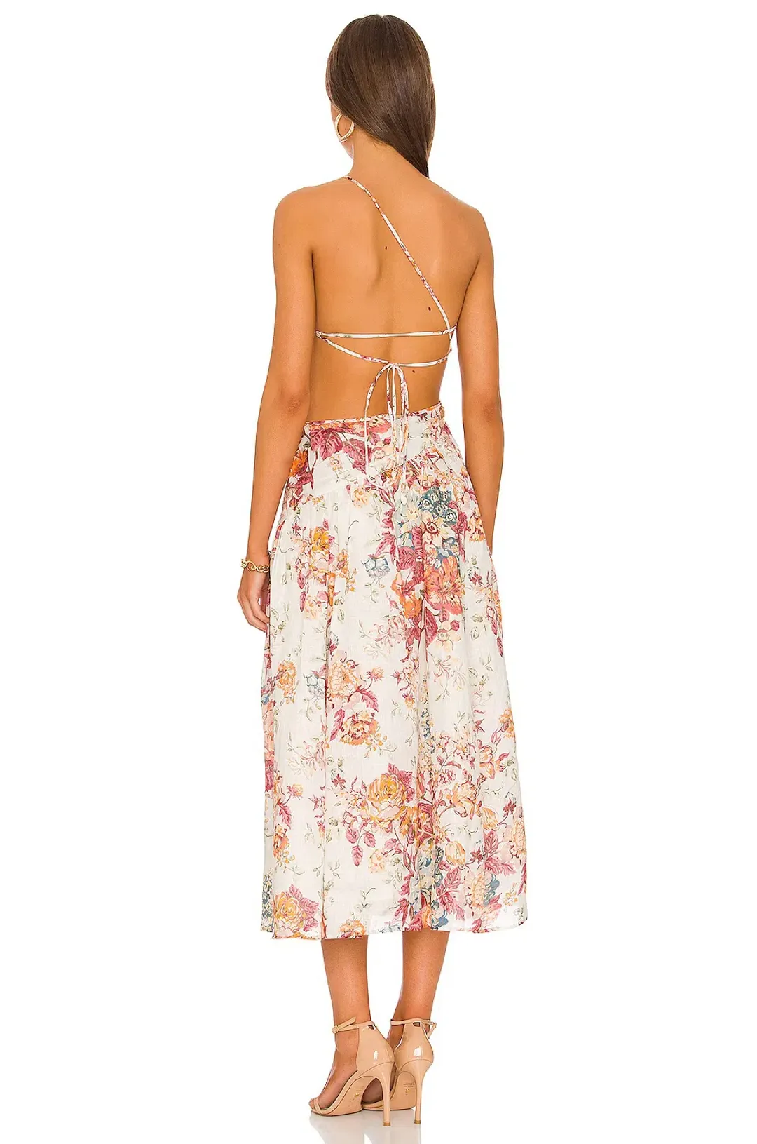 Zimmermann Pattie Cutout Open Back Linen Midi Dress in Cream Floral Size 0 for rent on The Volte - main image