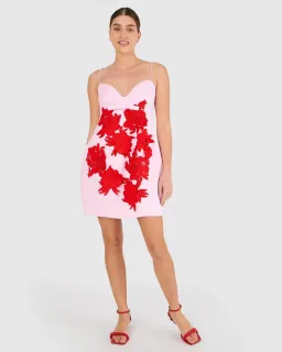 Oroton Contrast 3D Flower Mini Dress Pink Multi Size 14 for rent on The Volte - image 1