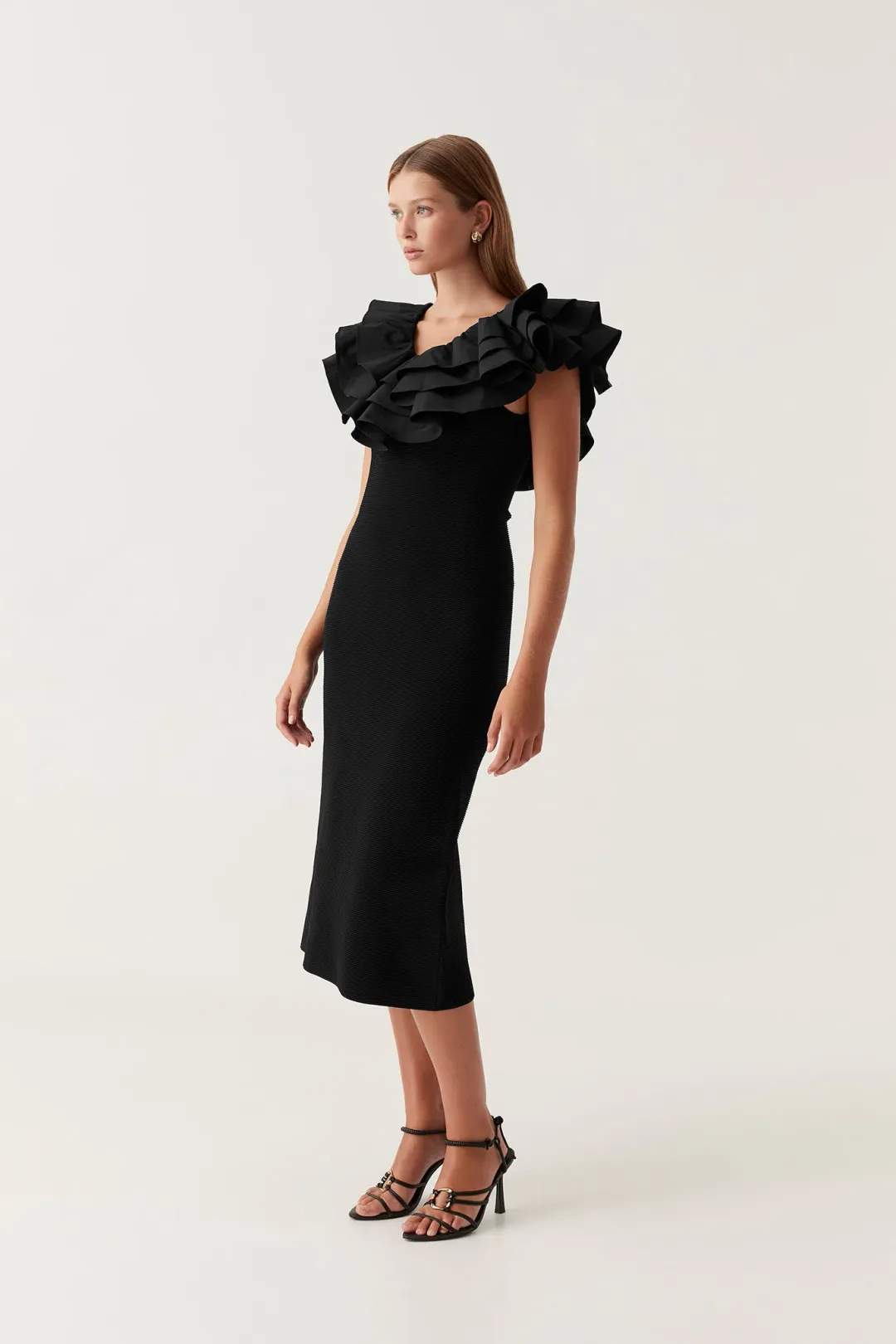 Aje Transcendent Ruffle Midi Dress Black Size 8 for rent on The Volte - main image