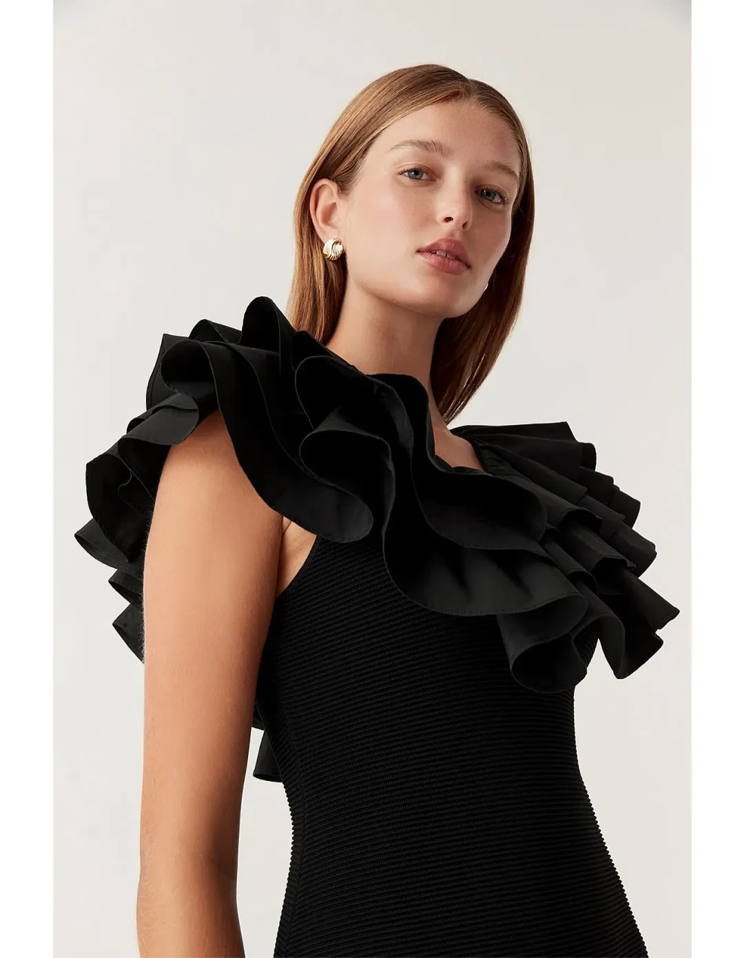 Aje Transcendent Ruffle Midi Dress Black Size 8 for rent on The Volte - main image