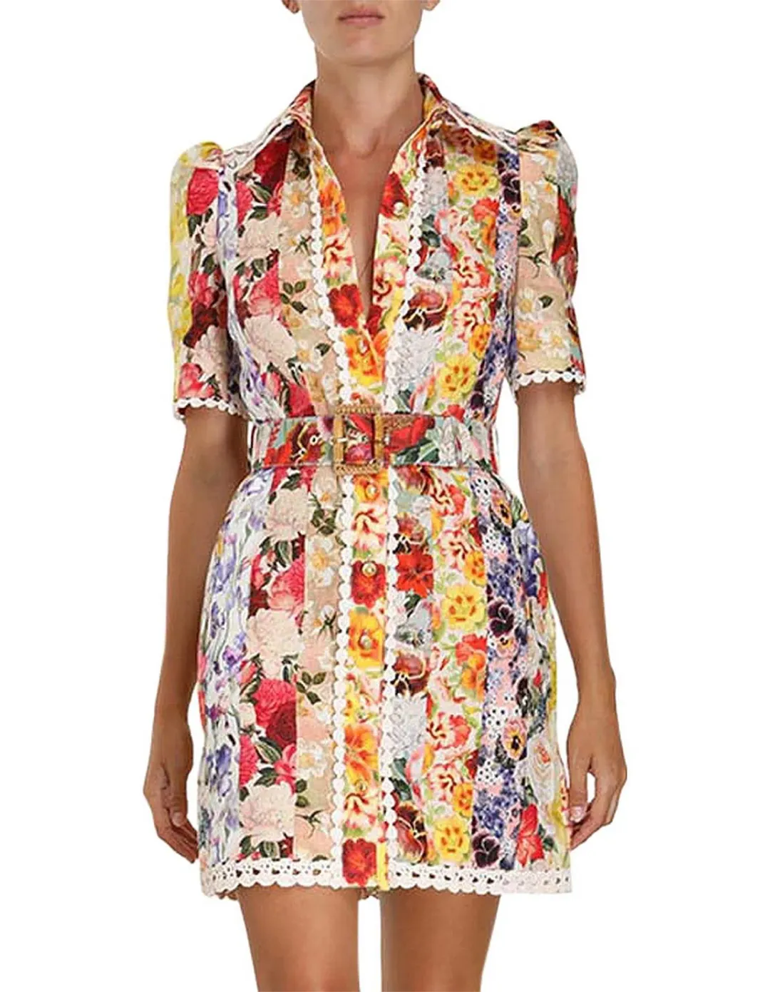 Zimmerman Wonderland Mini Shirt Dress in Spliced Stripe Floral Size 2 / AU 12 for rent on The Volte - main image