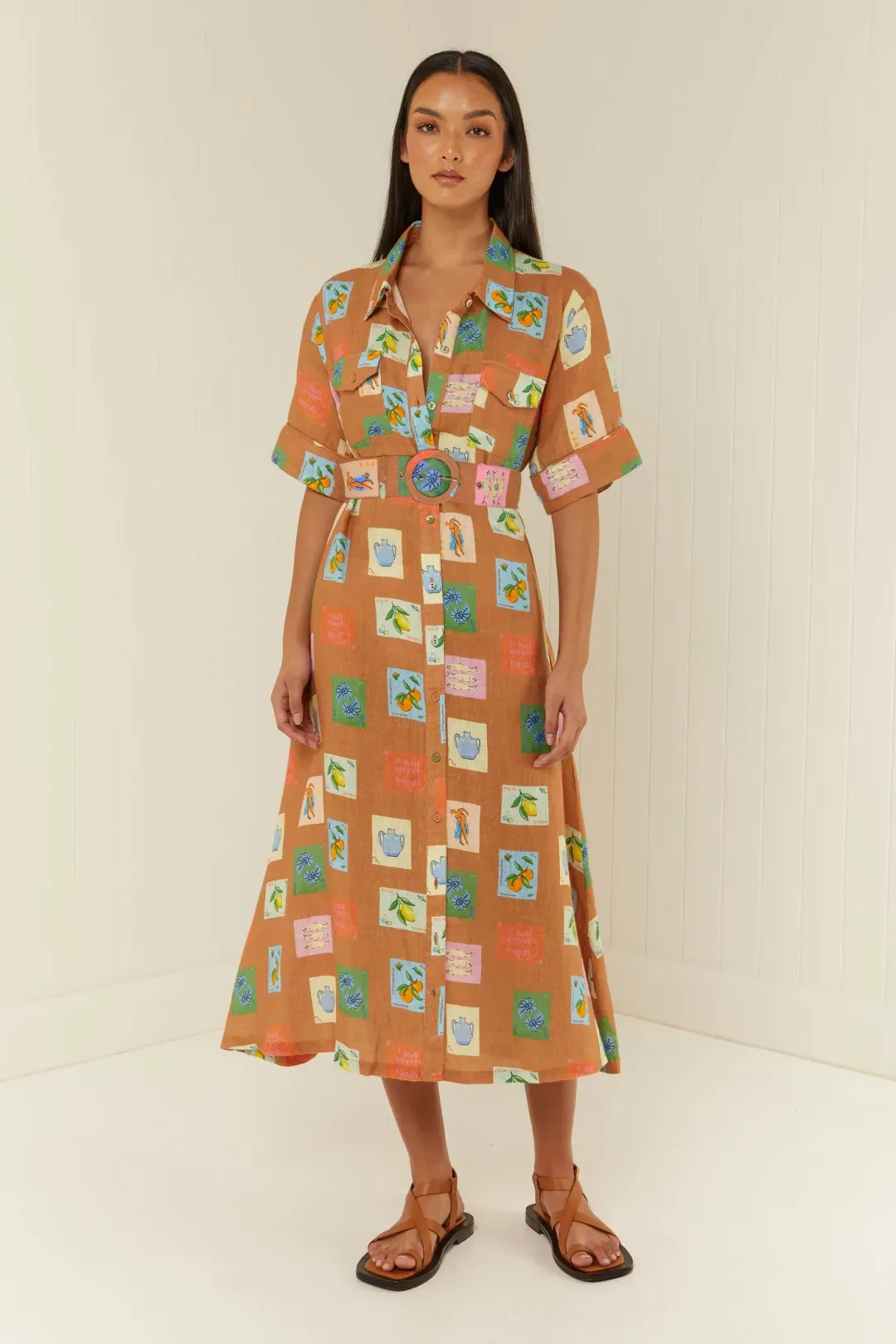 Palm Noosa Souvenir Shirt Midi Dress Brown Emblem Size 14  for rent on The Volte - main image