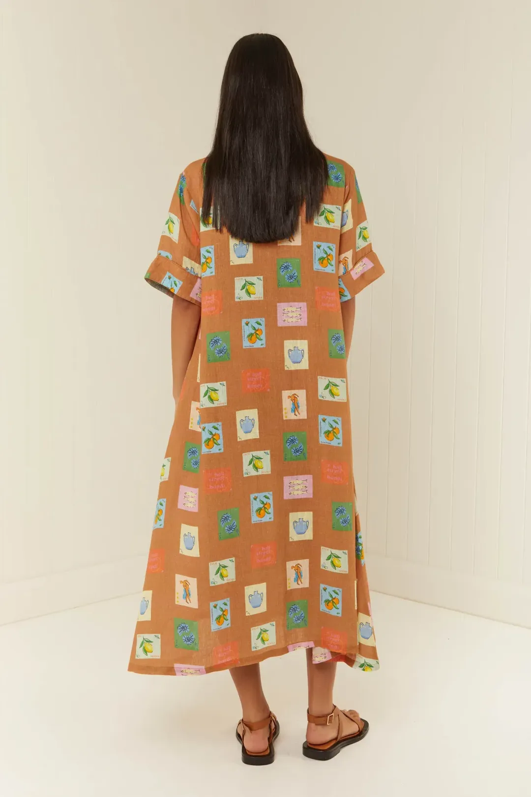 Palm Noosa Souvenir Shirt Midi Dress Brown Emblem Size 14  for rent on The Volte - main image