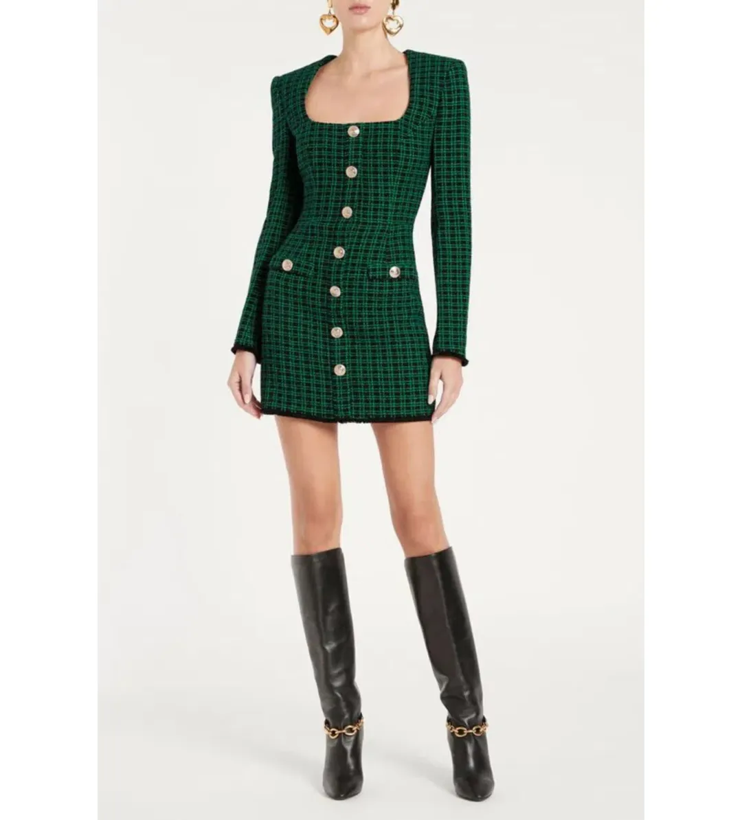 Rebecca Vallance Becca Checked Bouclé Tweed Mini Dress in Green Size 8  for rent on The Volte - main image