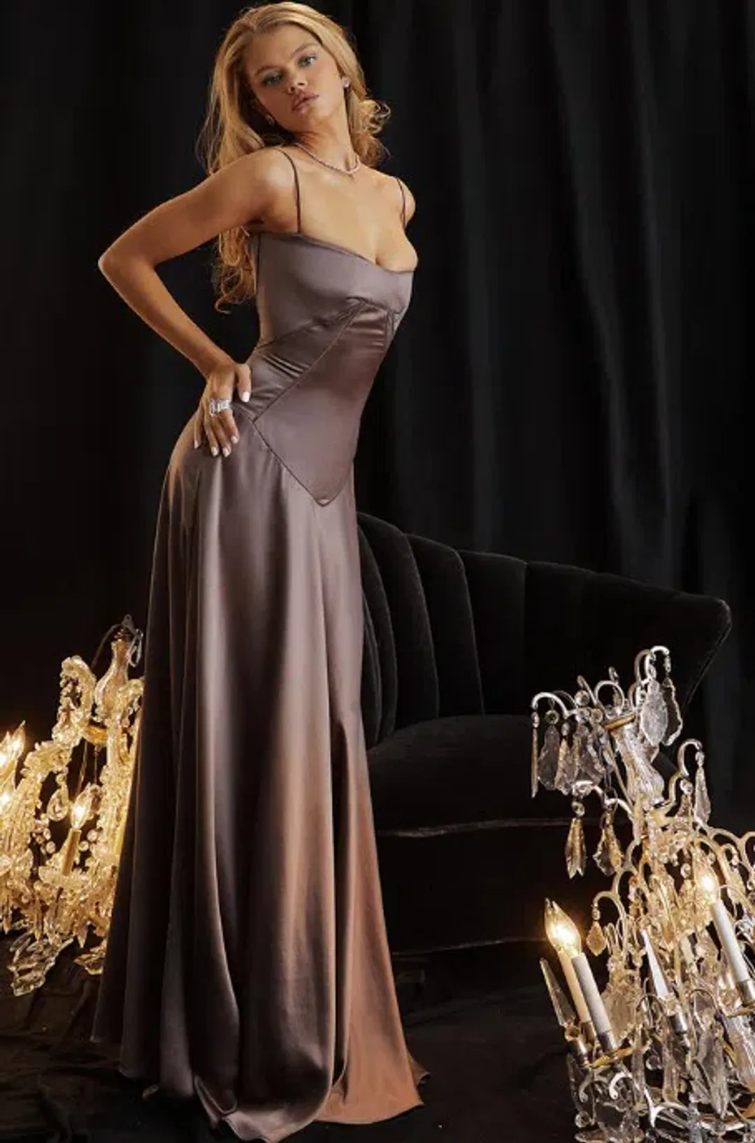 House Of CB Anabella Lace Up Corset Silk Maxi Dress Smoke In Size S/Au 8  for rent on The Volte - main image