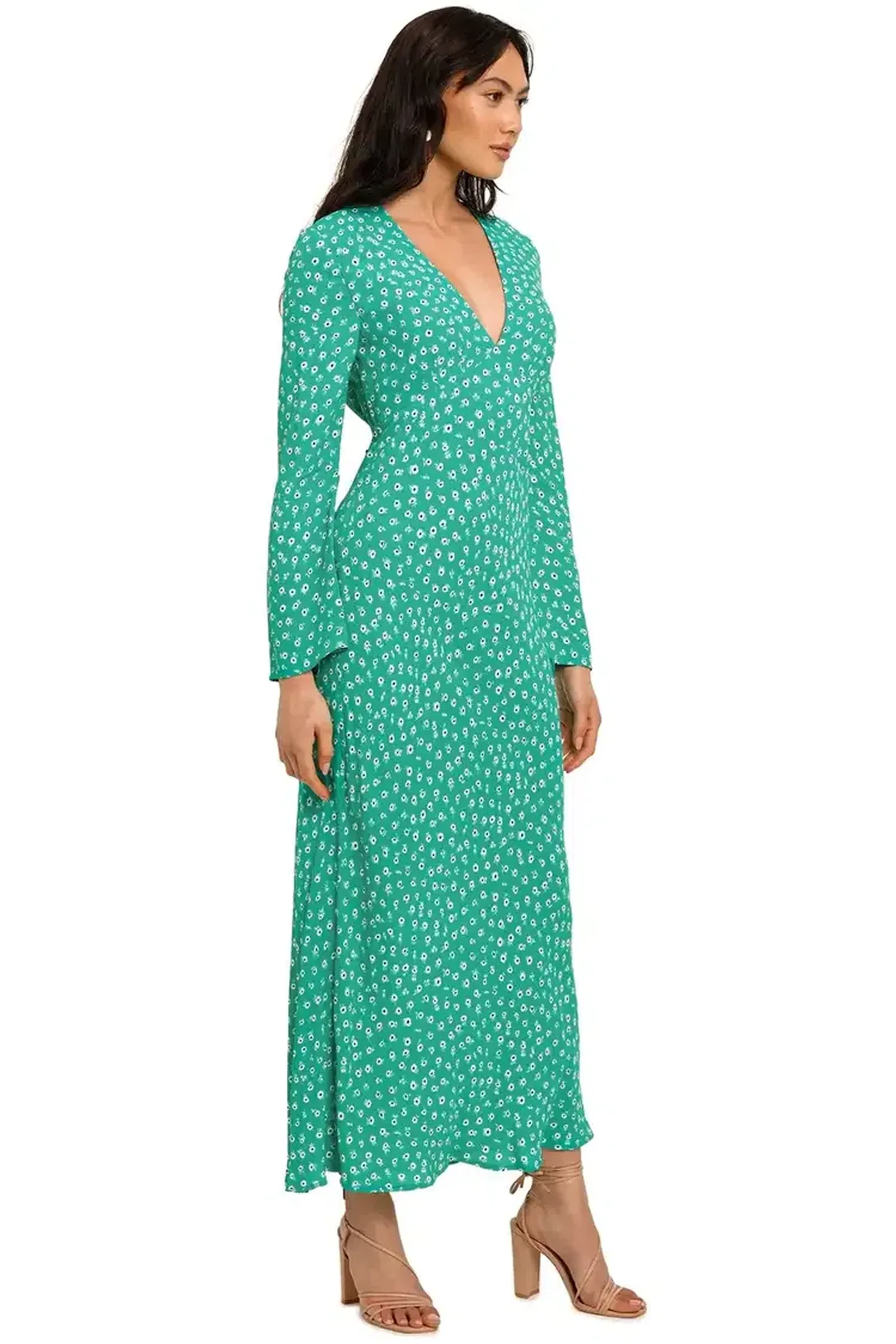 Rixo London Arielle Flared Sleeve Midi Dress Green Floral Size 14 for rent on The Volte - main image
