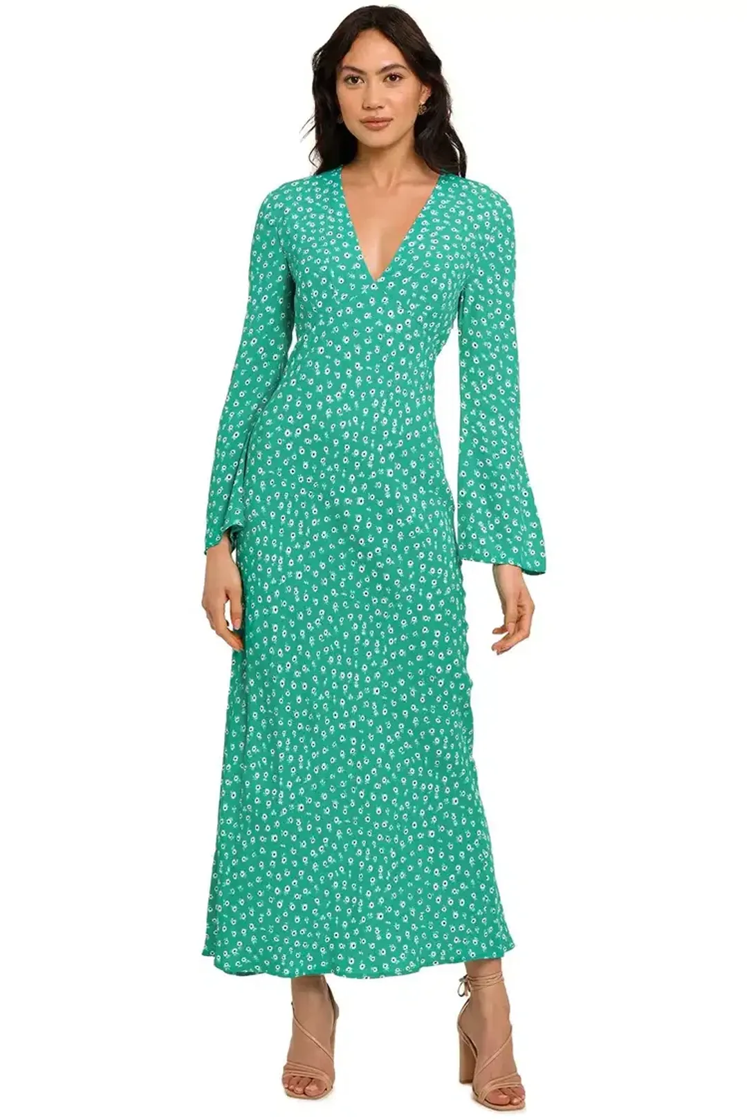 Rixo London Arielle Flared Sleeve Midi Dress Green Floral Size 8 for rent on The Volte - main image