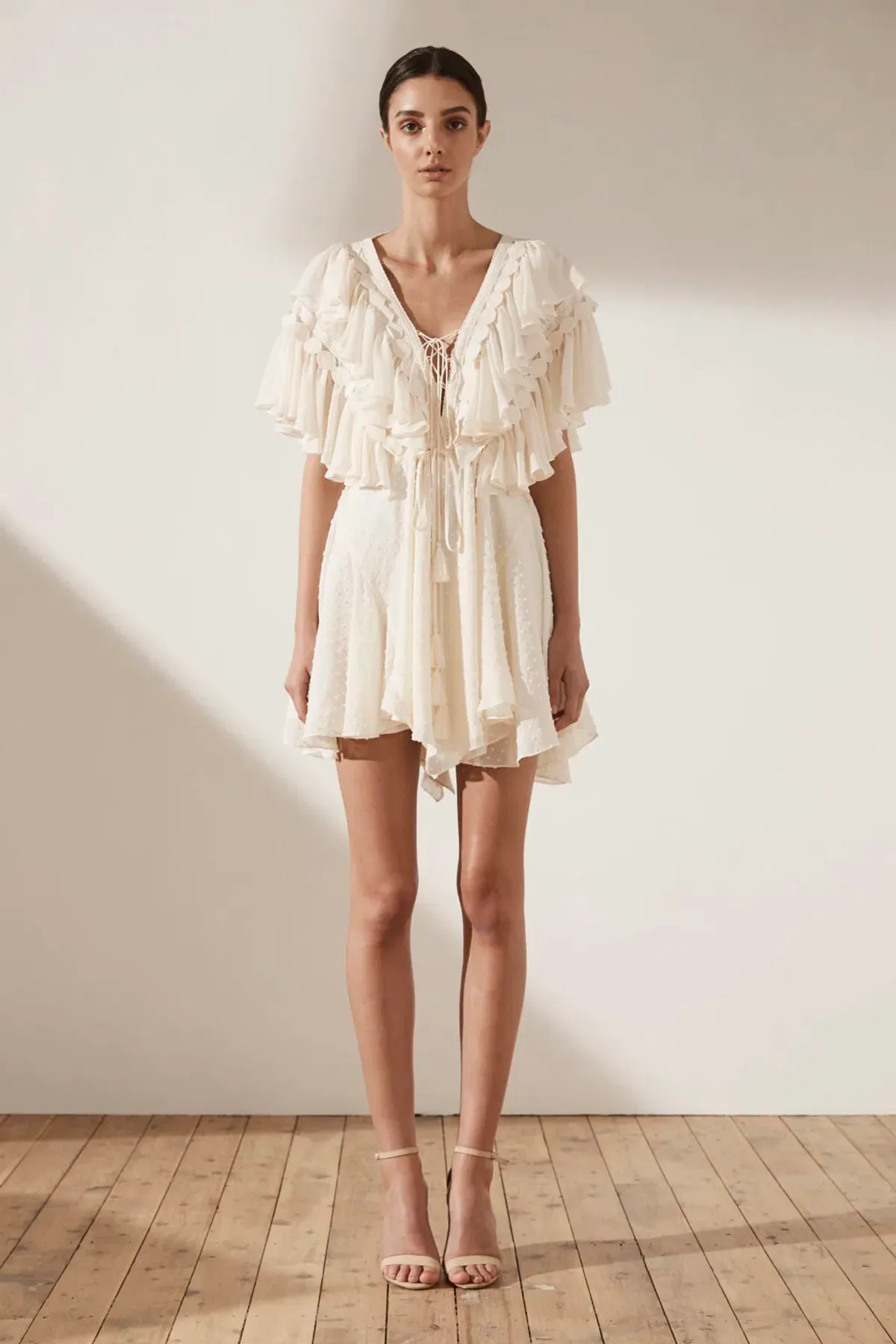 Shonya Joy Stella Ruffle Drawstring Dress Cream Size 12 for rent on The Volte - main image