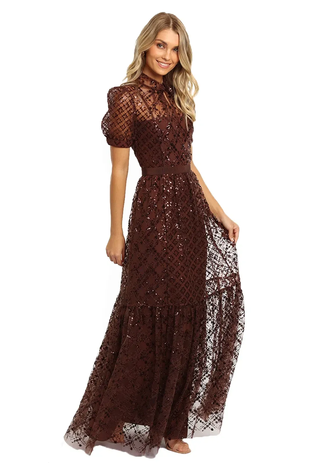 Self Portrait Grid Sequin Maxi Dress Brown Size 8 for rent on The Volte - main image