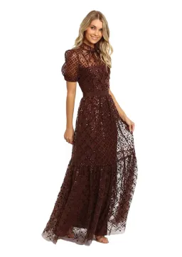 Self Portrait Grid Sequin Maxi Dress Brown Size 8 for rent on The Volte - image 1