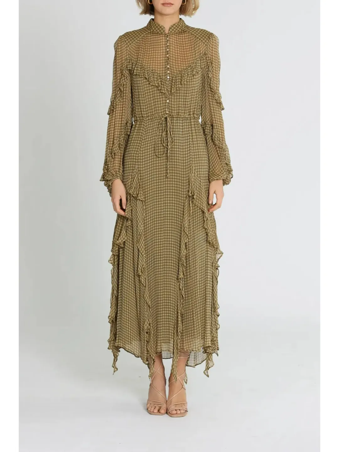 Shona Joy Eleonora Drawstring Frill Midi Dress in Olive Size AU 6 for rent on The Volte - main image