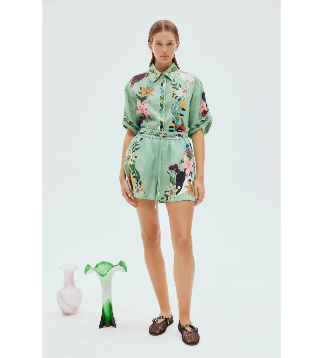 Alemais Meagan LInen Shirt Size 12 and Shorts Size 14  Set Green/Print  for rent on The Volte - main image