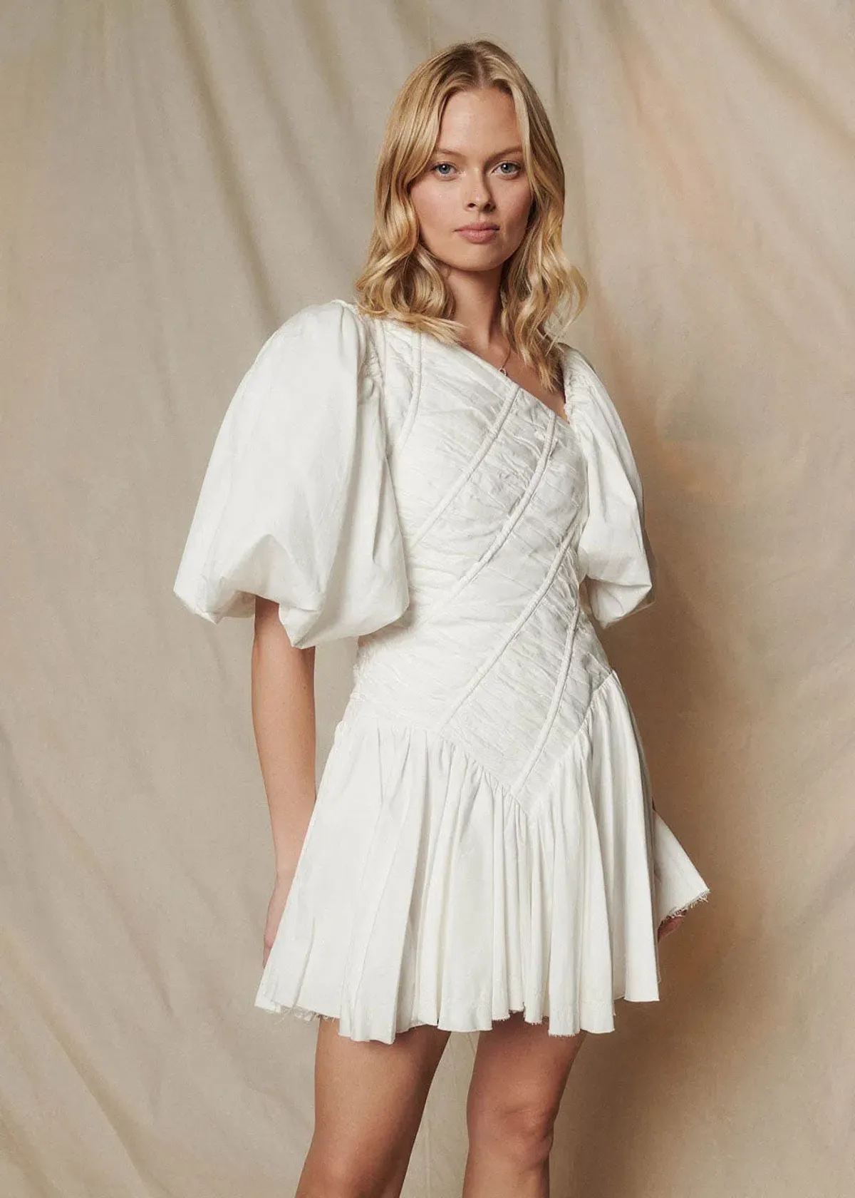Aje Dawn Drawstring Mini Dress Ivory White Size 6 for rent on The Volte - main image