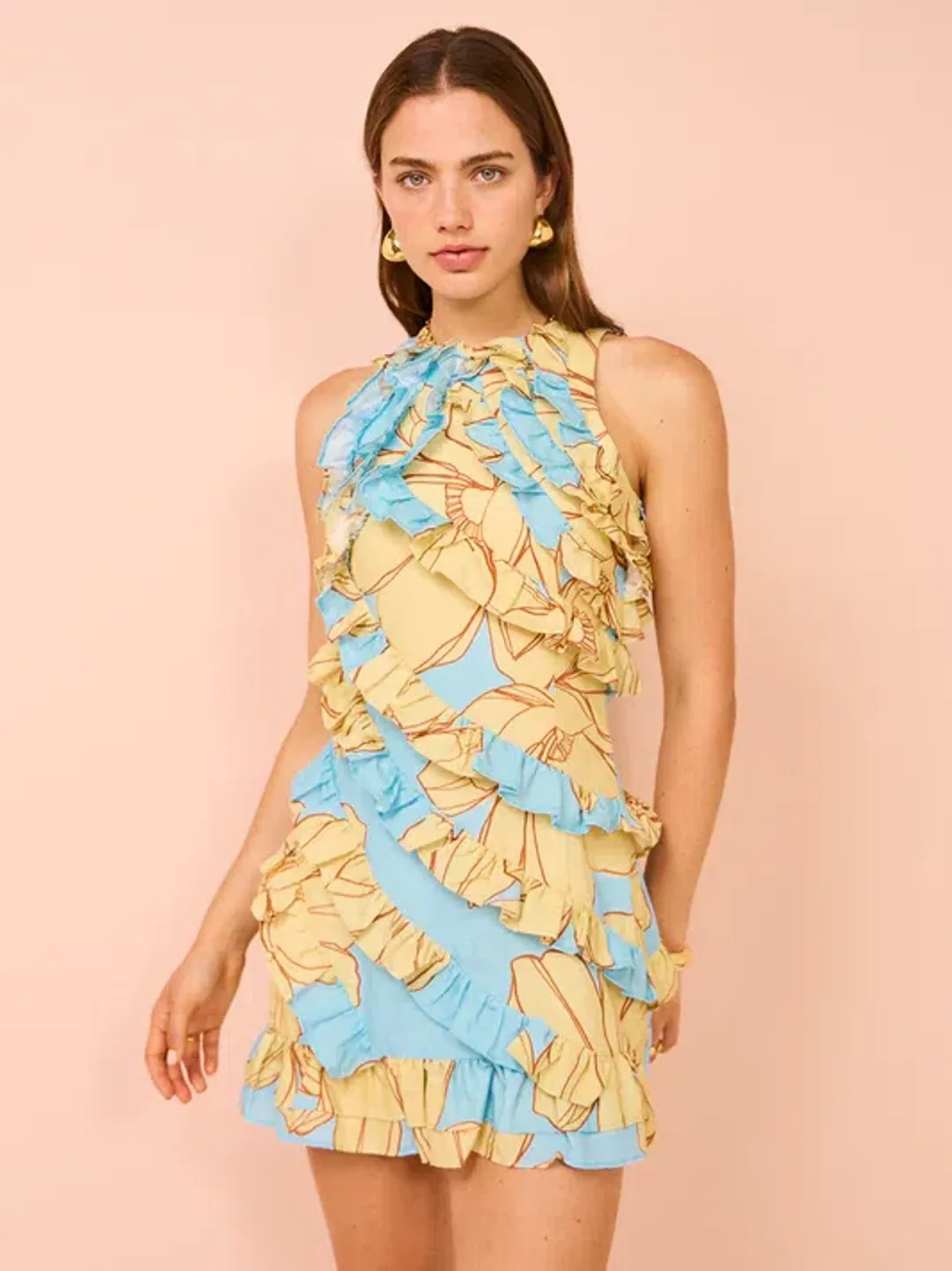 Issy Multi Frill Mini Dress in Summer Print Size 10 for rent on The Volte - main image