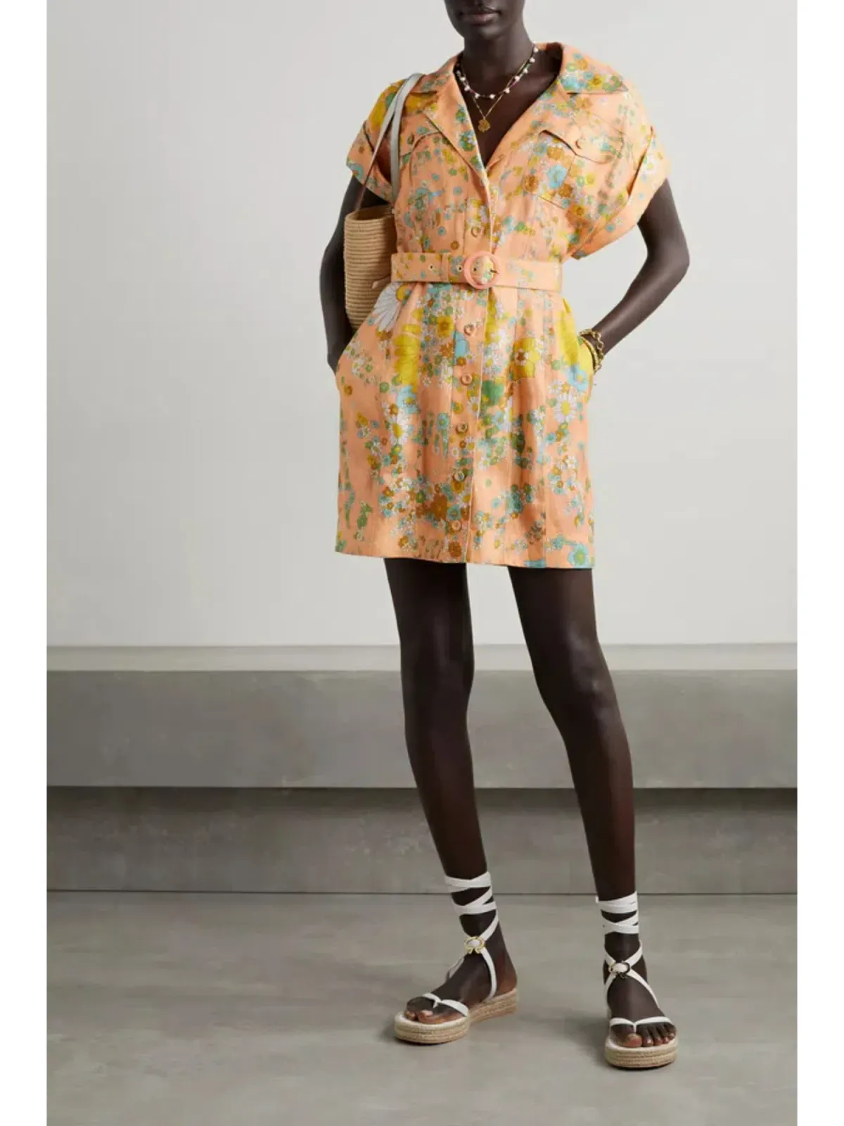 Zimmermann Lola Roll Cuff Mini Belted Dress Peach Floral Size 0P / AU 6 for rent on The Volte - main image