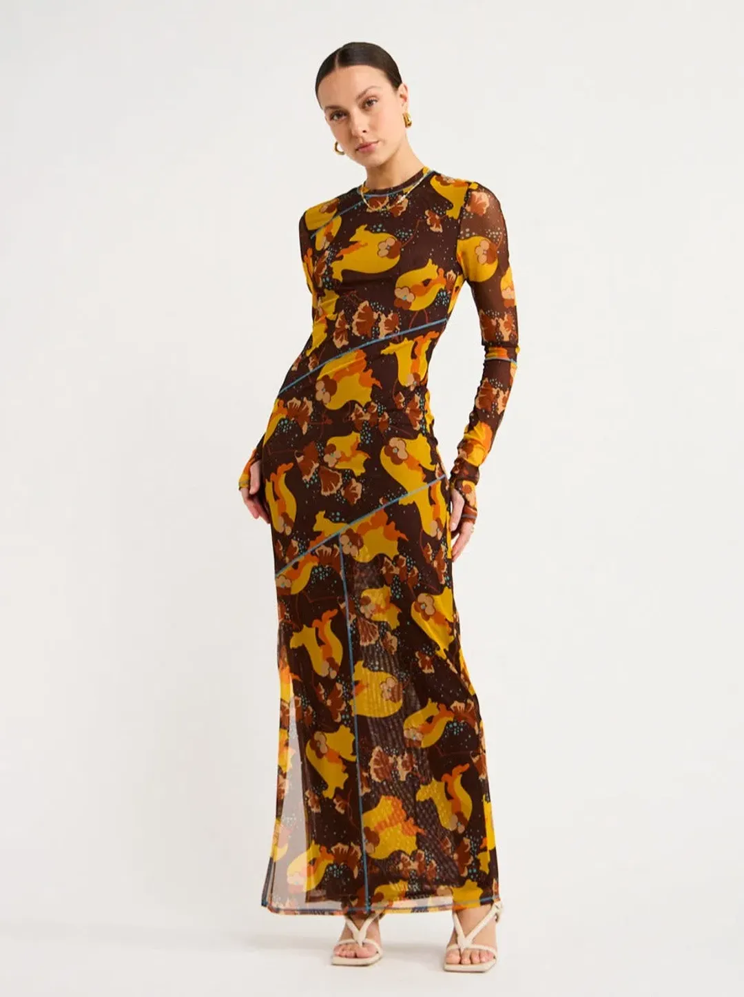Sir the Label Jacques Mesh Panelled Midi Dress Brown Floral Size 1/ AU 8 for rent on The Volte - main image