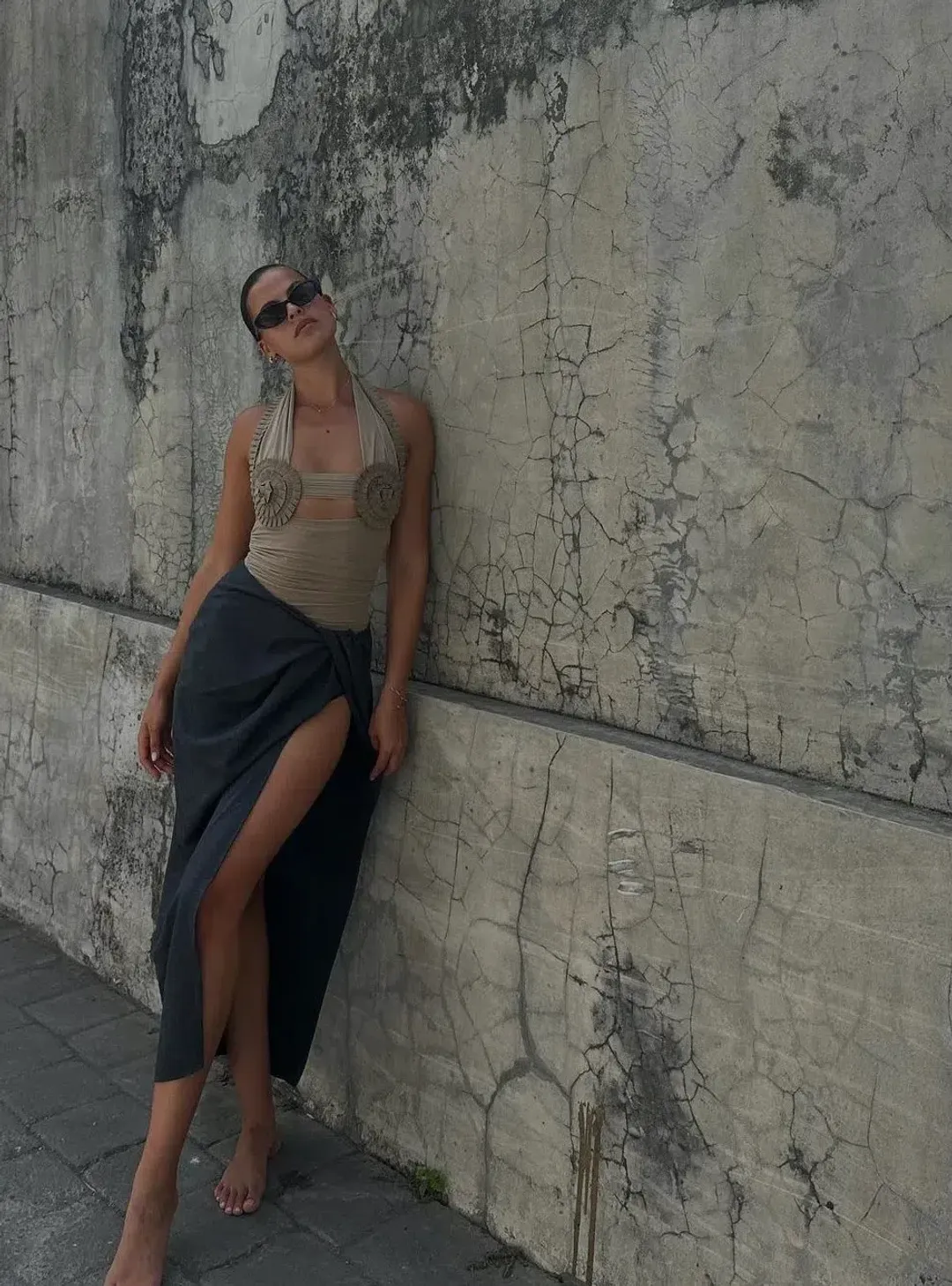 Bec & Bridge Wave Crush Halter Top Taupe & Crawford Twist Skirt Charcoal Set Size 10 for rent on The Volte - main image