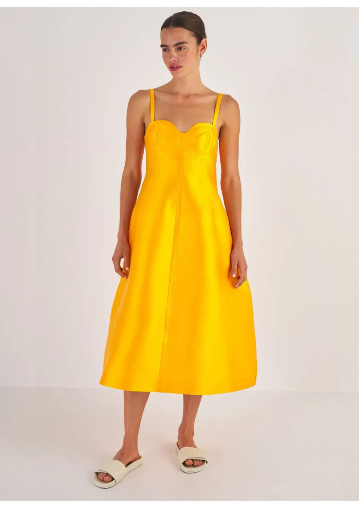 Oroton Sculpture Bodice Midi Dress Marigold Size 6 for rent on The Volte - main image