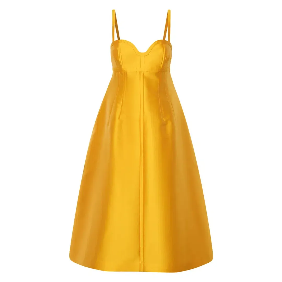 Oroton Sculpture Bodice Midi Dress Marigold Size 6 for rent on The Volte - main image