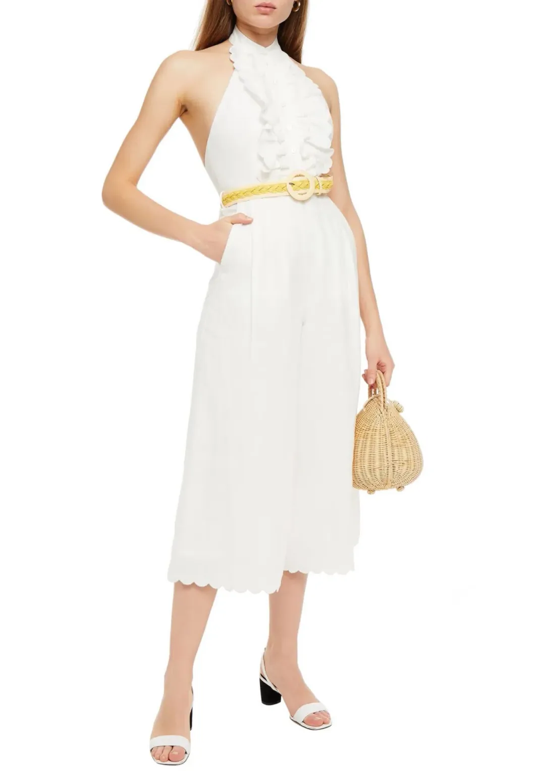 Zimmermann Amelie Frill Cropped Ruffled Linen Jumpsuit White Size 1 / AU 10 for rent on The Volte - main image
