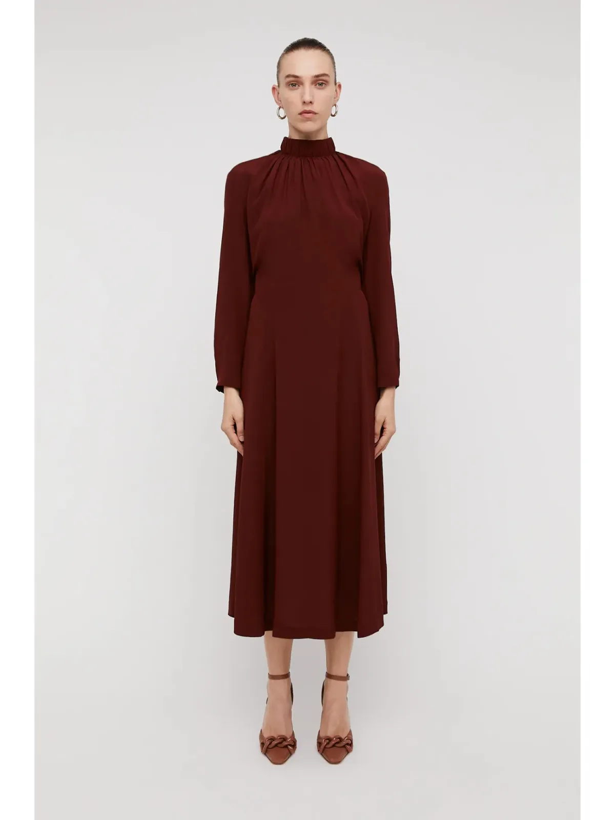 Scanlan Theodore Silk Gather Neck Dress in Burgundy Size AU 6 for rent on The Volte - main image