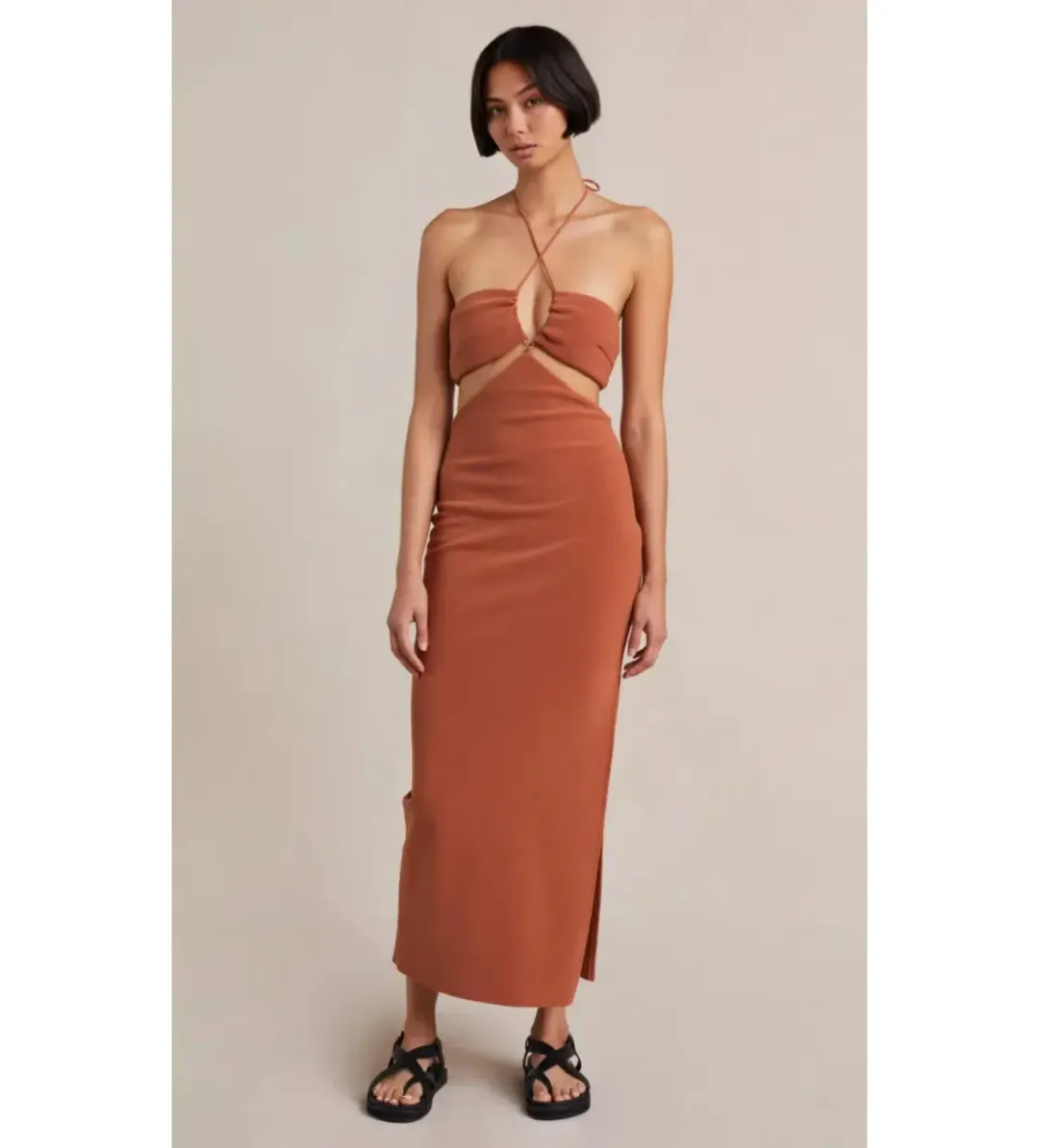 Bec & Bridge Alba Cut Out Midi Dress Terracotta Size AU 6 for rent on The Volte - main image