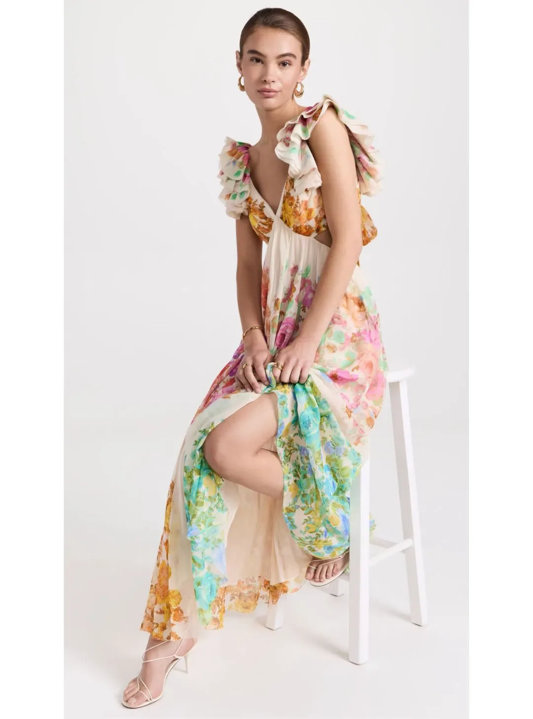 Zimmermann Raie Frill Shoulder Midi Dress Multi Floral Size 0P / AU 6 for rent on The Volte - main image
