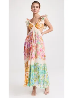 Zimmermann Raie Frill Shoulder Midi Dress Multi Floral Size 0P / AU 6 for rent on The Volte - image 1