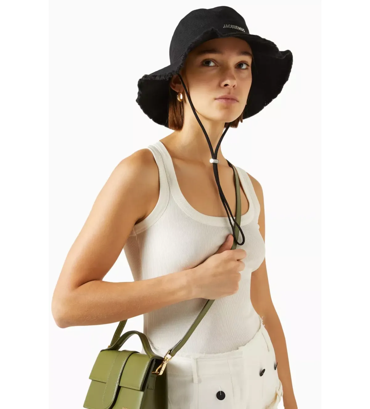 Jacquemus Le Bob Artichaut Frayed Expedition Hat in Cotton Black for rent on The Volte - main image