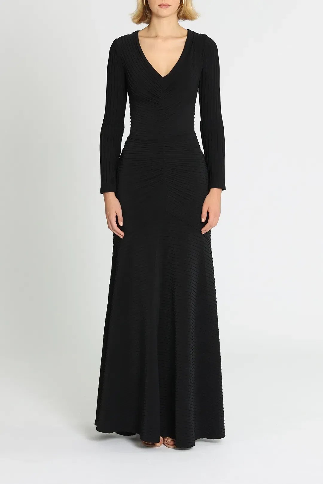 Tadashi Shoji Elias Long Sleeve Pintuck Gown in Black Size 14 for rent on The Volte - main image