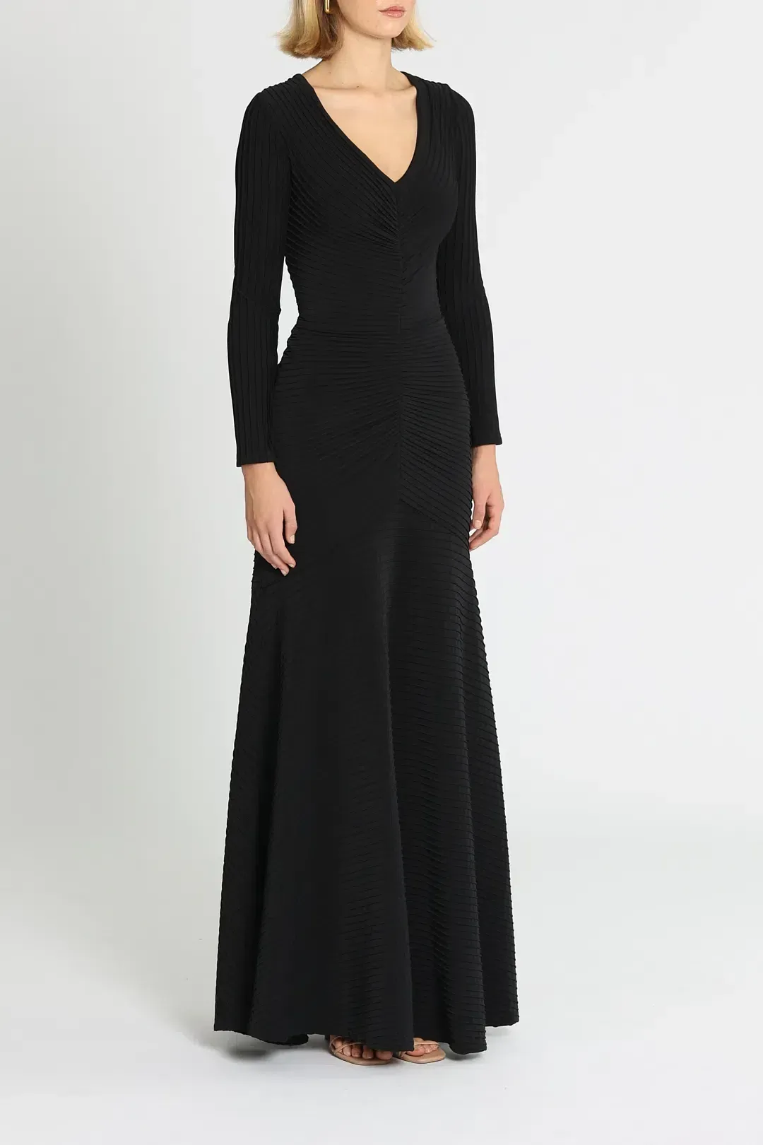 Tadashi Shoji Elias Long Sleeve Pintuck Gown in Black Size 16 for rent on The Volte - main image