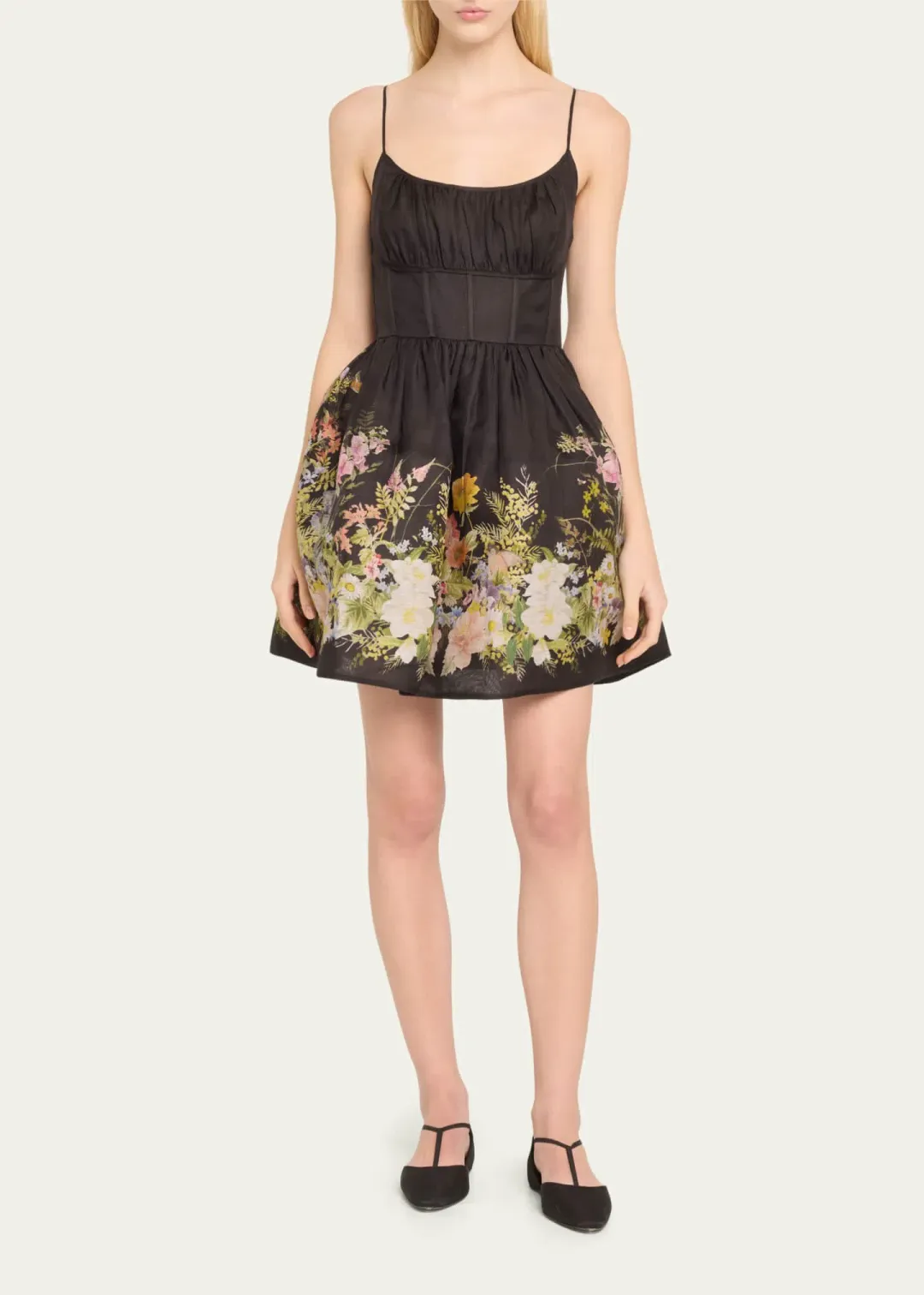 Zimmermann Natura Ruched Mini Dress in Black Wild Flowers Size 0 / AU 8 for rent on The Volte - main image