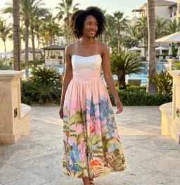 Leo Lin Melanie Bustier Midi Dress in Dreamscape Print Size 10 for rent on The Volte - image 1