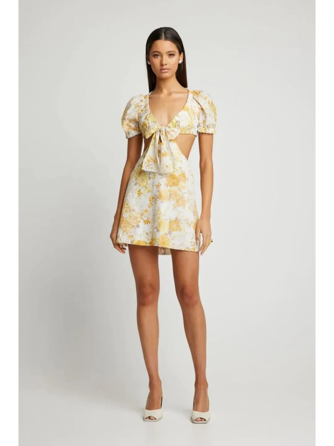 Sofia The Label Ami Tie Front Mini Dress Yellow Floral Size AU 8 for rent on The Volte - main image