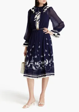  Zimmermann Pleated Tie Neck Midi Dress Moonlight Sailboats Size 0P / AU 6  for rent on The Volte - image 1