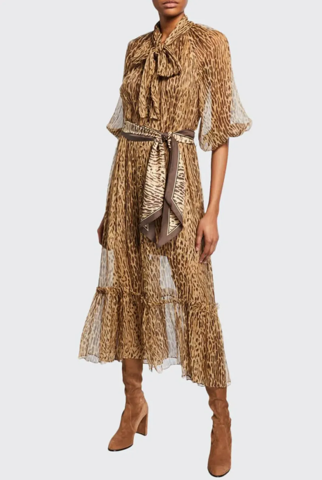 Zimmermann Espionage Tie Neck Silk Midi Dress Leopard Print Size 1 / AU 10 for rent on The Volte - main image