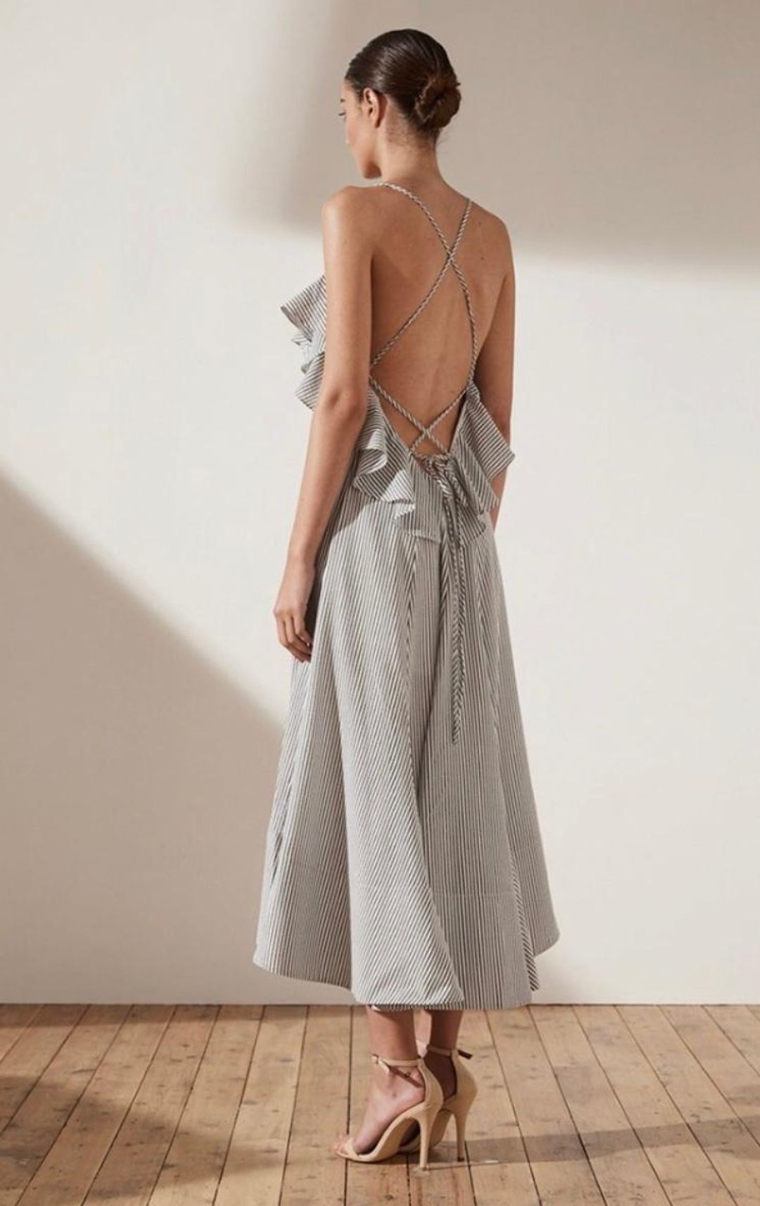 Sabbia ruffle midi dress in charcoal for rent on The Volte - main image