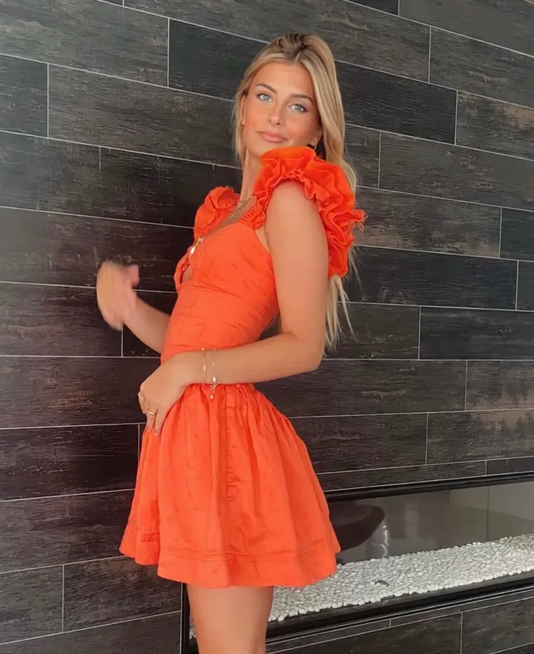 Aje Simone Frill Sleeve Mini Dress Orange Size 6 for rent on The Volte - main image
